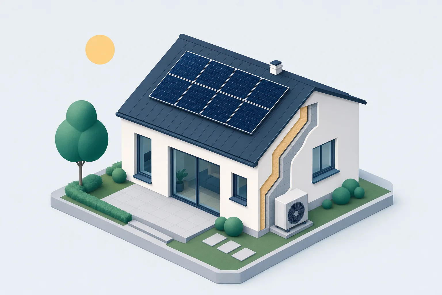 Maison rénovée en coupe illustrant les gestes financés par les aides 2026 : panneaux solaires photovoltaïques, pompe à chaleur, isolation des murs, fenêtres double vitrage et VMC.