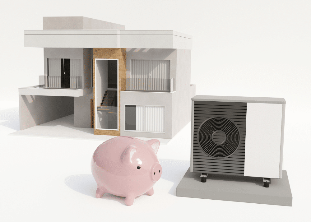 maison 3D avec pompe à chaleur à côté d'une tirelire cochon